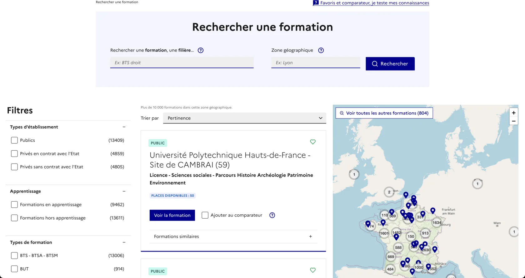 Recherche de formations sur Parcoursup