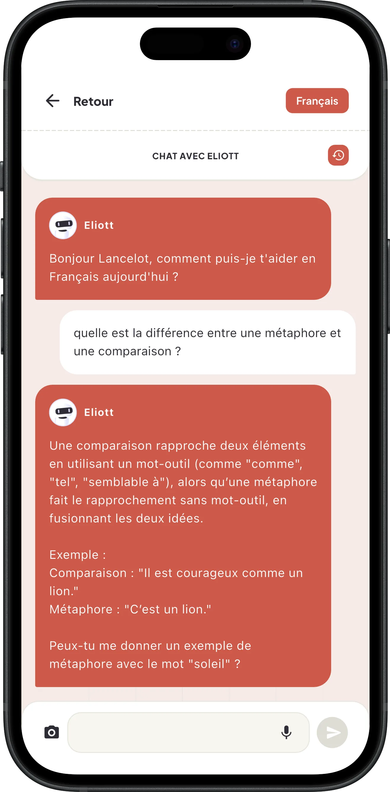 Exemple de conversation avec Eliott : un élève pose une question de français sur la différence entre métaphore et comparaison